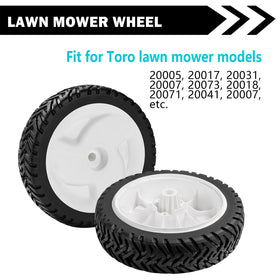 Radial tread front wheel with enhanced traction for Toro mowers.