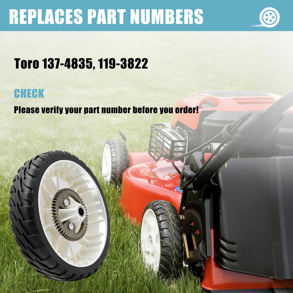 Sutmorly rubber wheel delivers strong mowing traction.