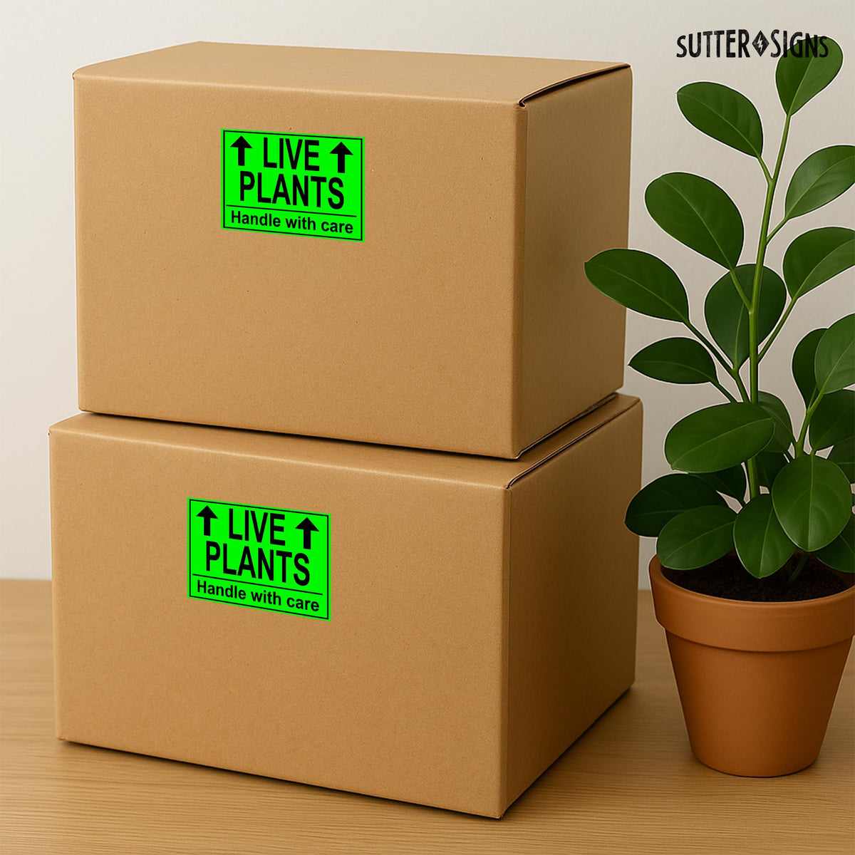 Sutter Signs 3x2 live plants label fits packaging without crowding space.