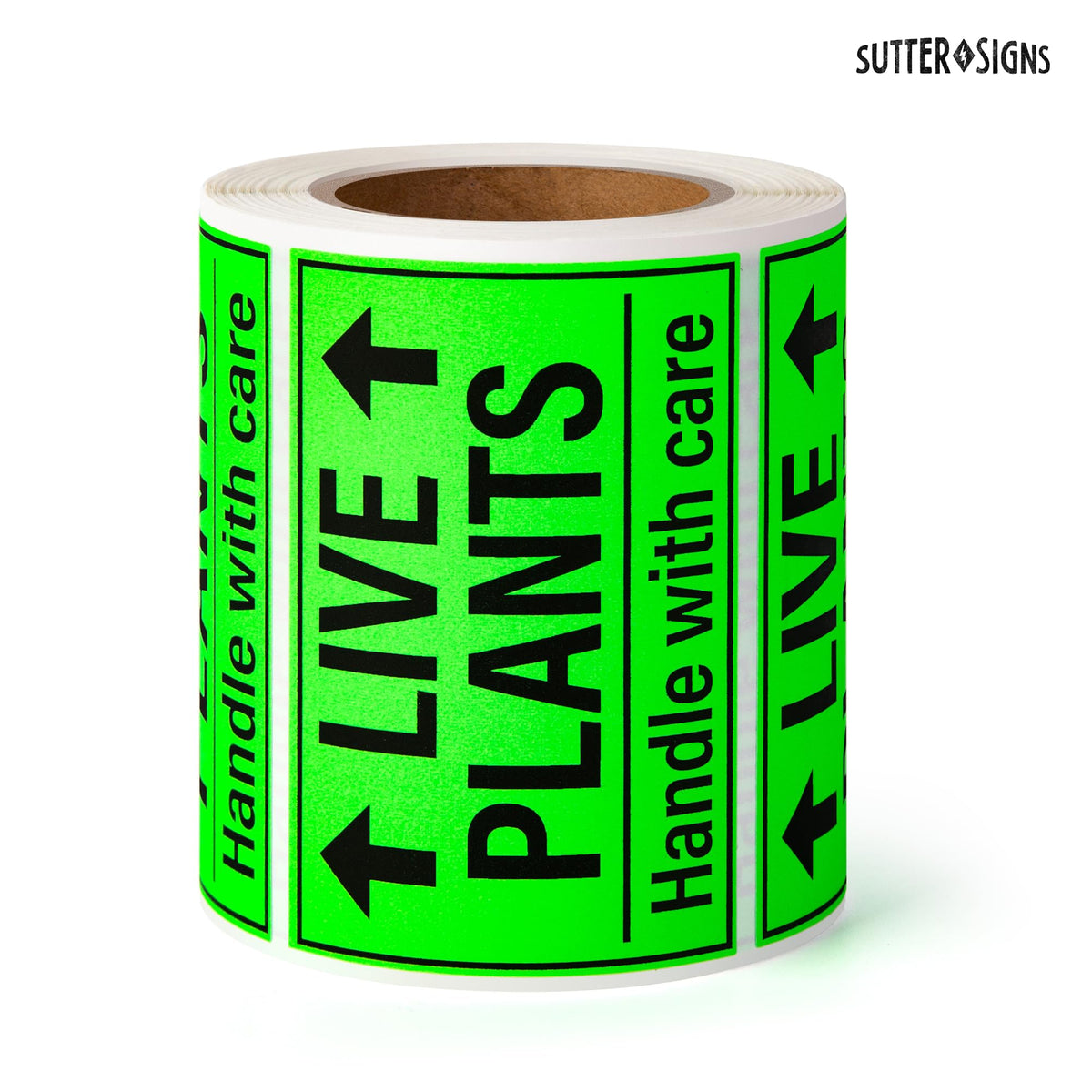 Sutter Signs handle with care label guides gentle treatment of plant packages.