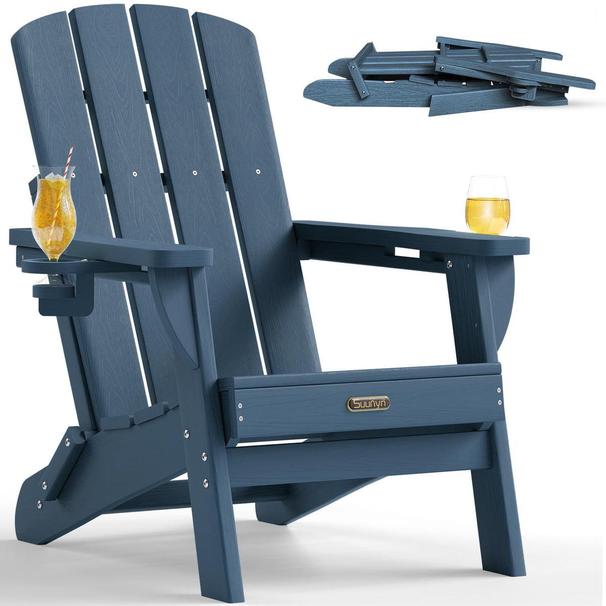 SUUNYN folding Adirondack chair with new blue finish for compact outdoor seating