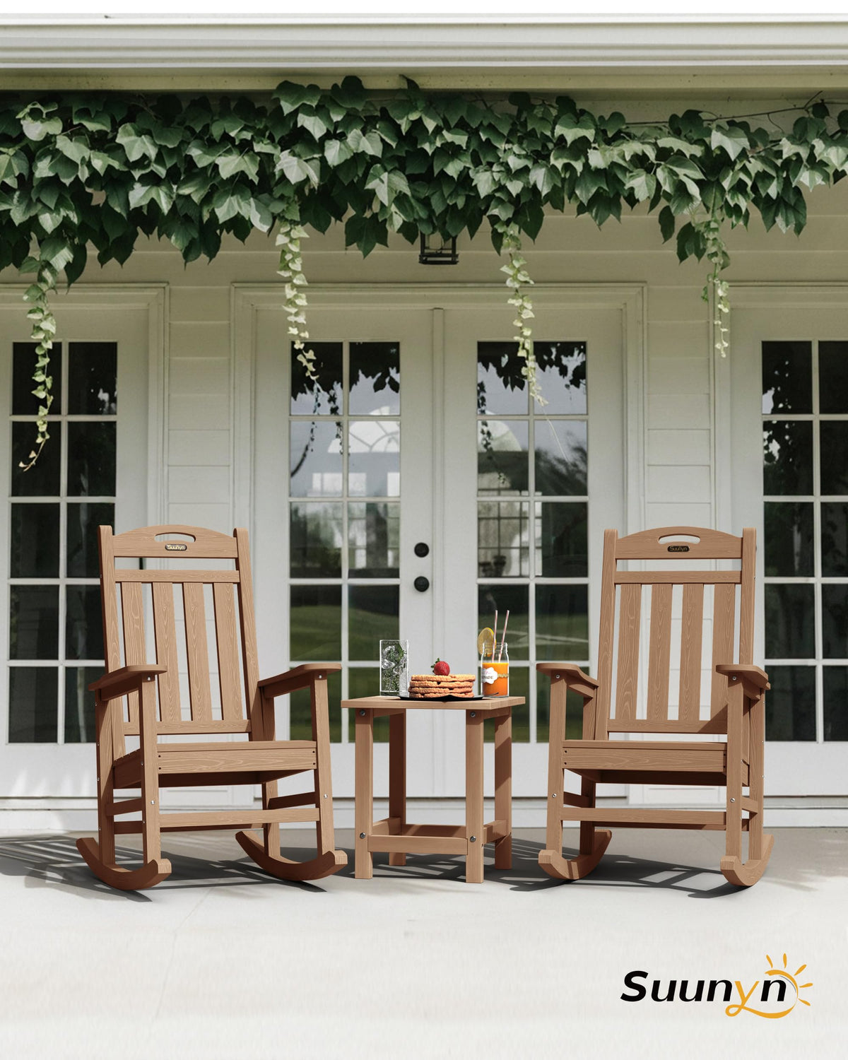 SUUNYN outdoor rocker with teak finish enhances patio style and weather resistance.