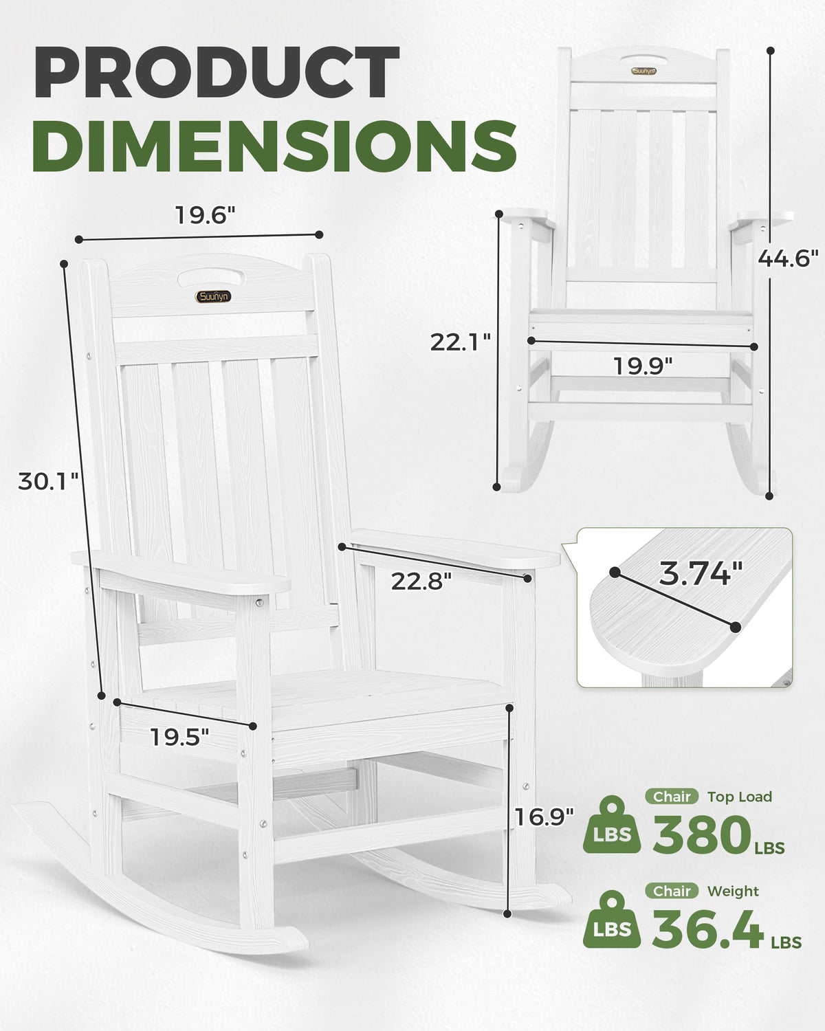 SUUNYN rocking chair back view highlights tall 30-inch back for better lumbar support.