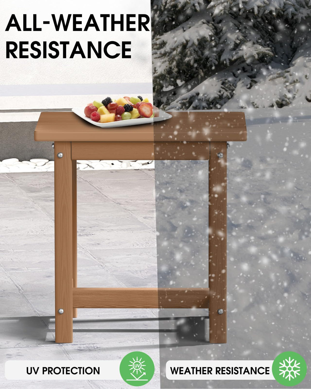 SUUNYN weather-resistant outdoor table shown by pool, low maintenance