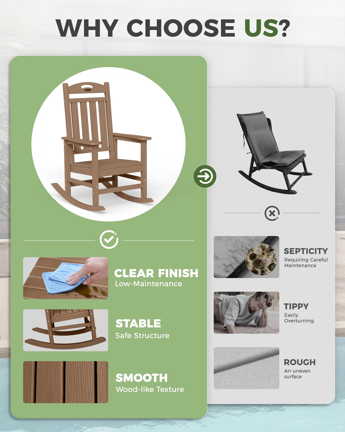 SUUNYN wood-grain look adds warmth to any patio or living room.