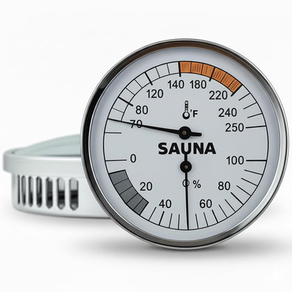 Suvast mechanical sauna thermometer on wall showing precise temperature for comfort