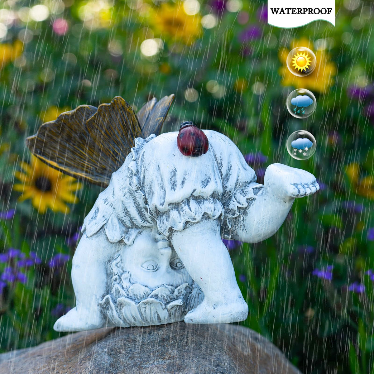 Suyorpe Solar Fairy Garden Statue made of weather-resistant resin withstands rain and wind