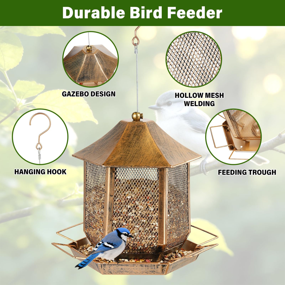 Suyue Y feeder's drainage holes prevent seed clumping after rain.