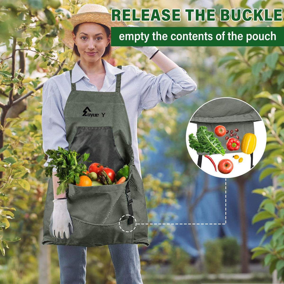 Suyue Y large bottom pocket: quick-release for emptying harvest.