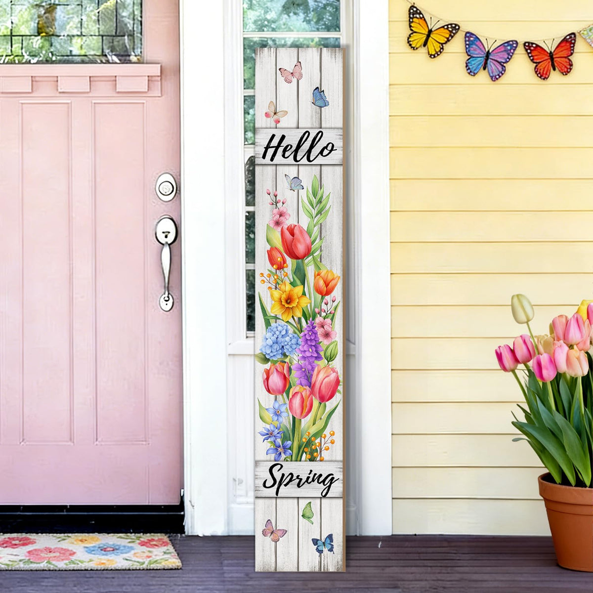 SUZEJHE tulips and butterflies welcome sign enhances curb appeal and seasonal charm