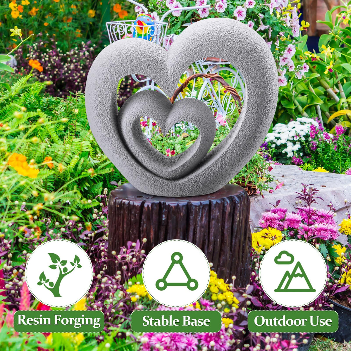 Suzile double-heart garden centerpiece evokes unity and affection in any landscape