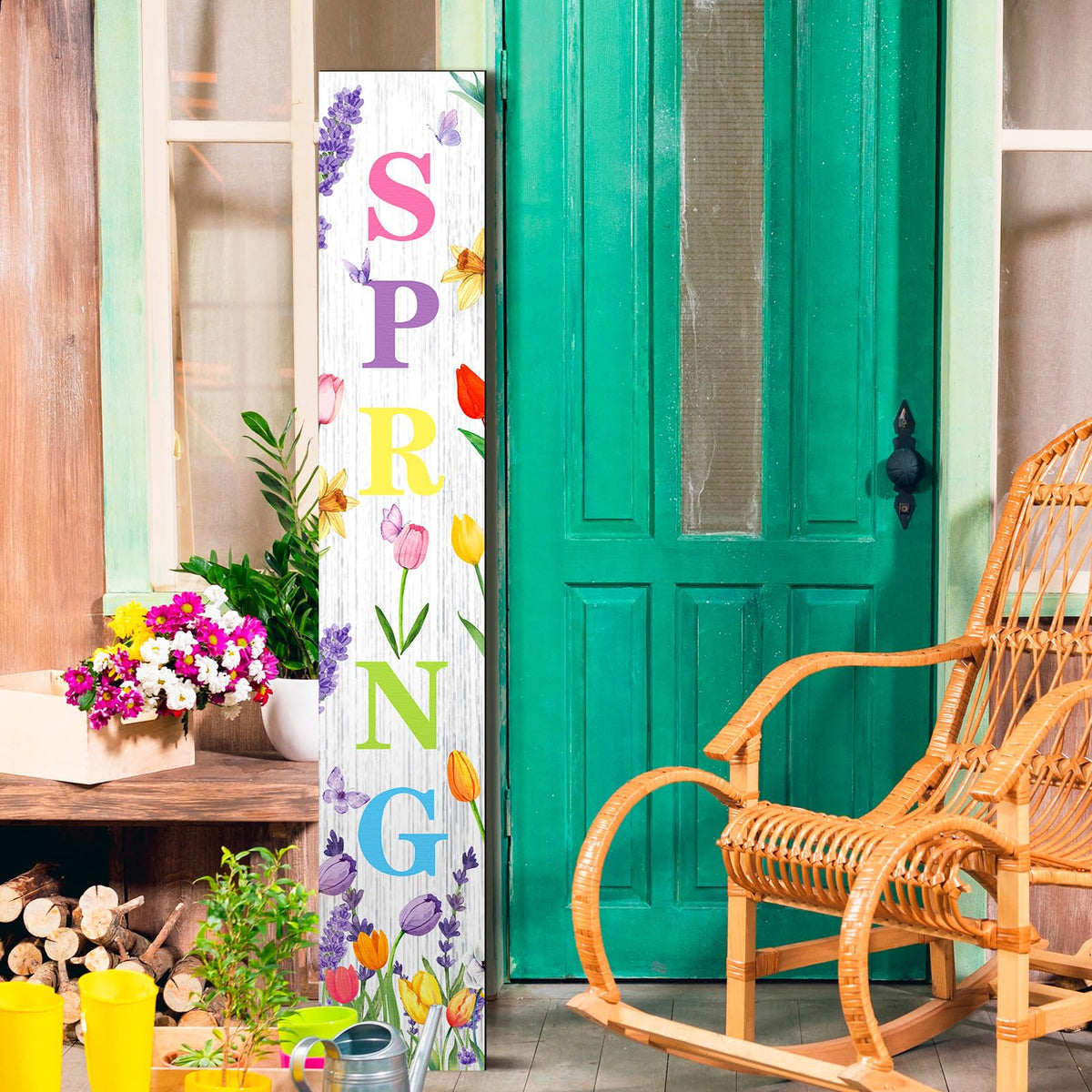 Suzile outdoor tulip sign decor enhances porch curb appeal.