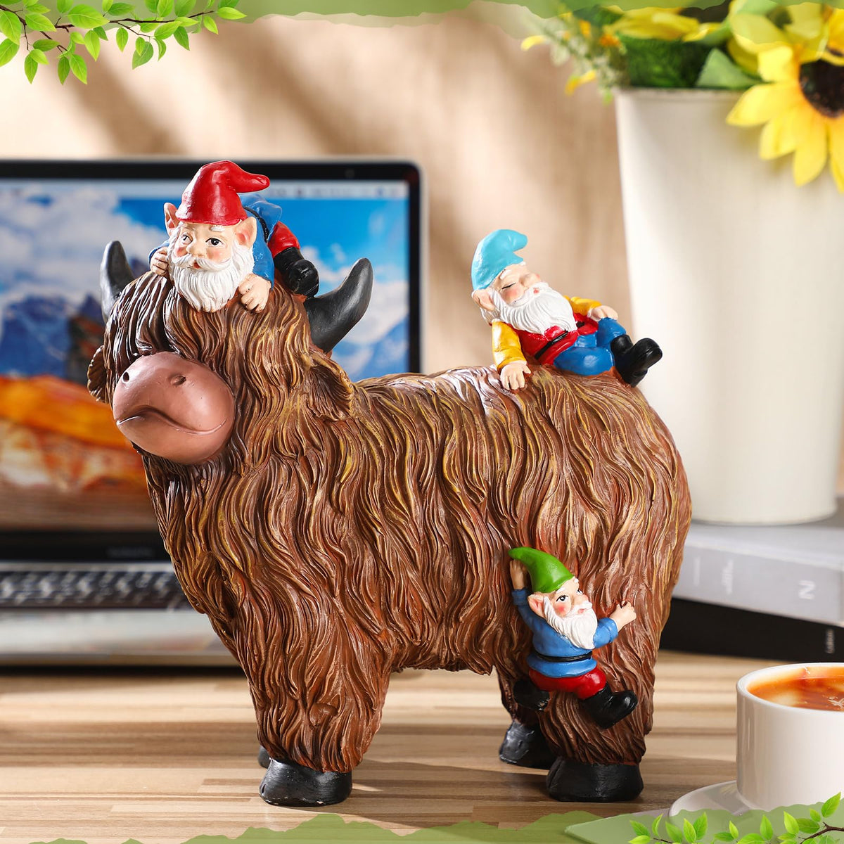 Suzile Highland Cow Gnome Detail close up of hand painted accents for garden color