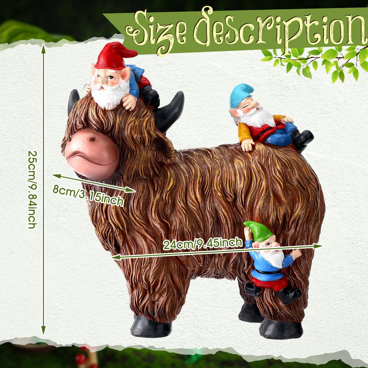 Suzile Highland Cow Gnome Statue front view showing durable resin and weather resistance