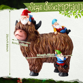 Suzile Highland Cow Gnome Statue front view showing durable resin and weather resistance