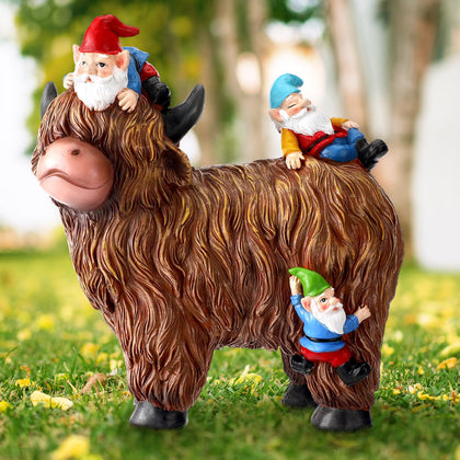 Suzile Highland Cow Gnome Statue front view with hand painted detail for garden charm
