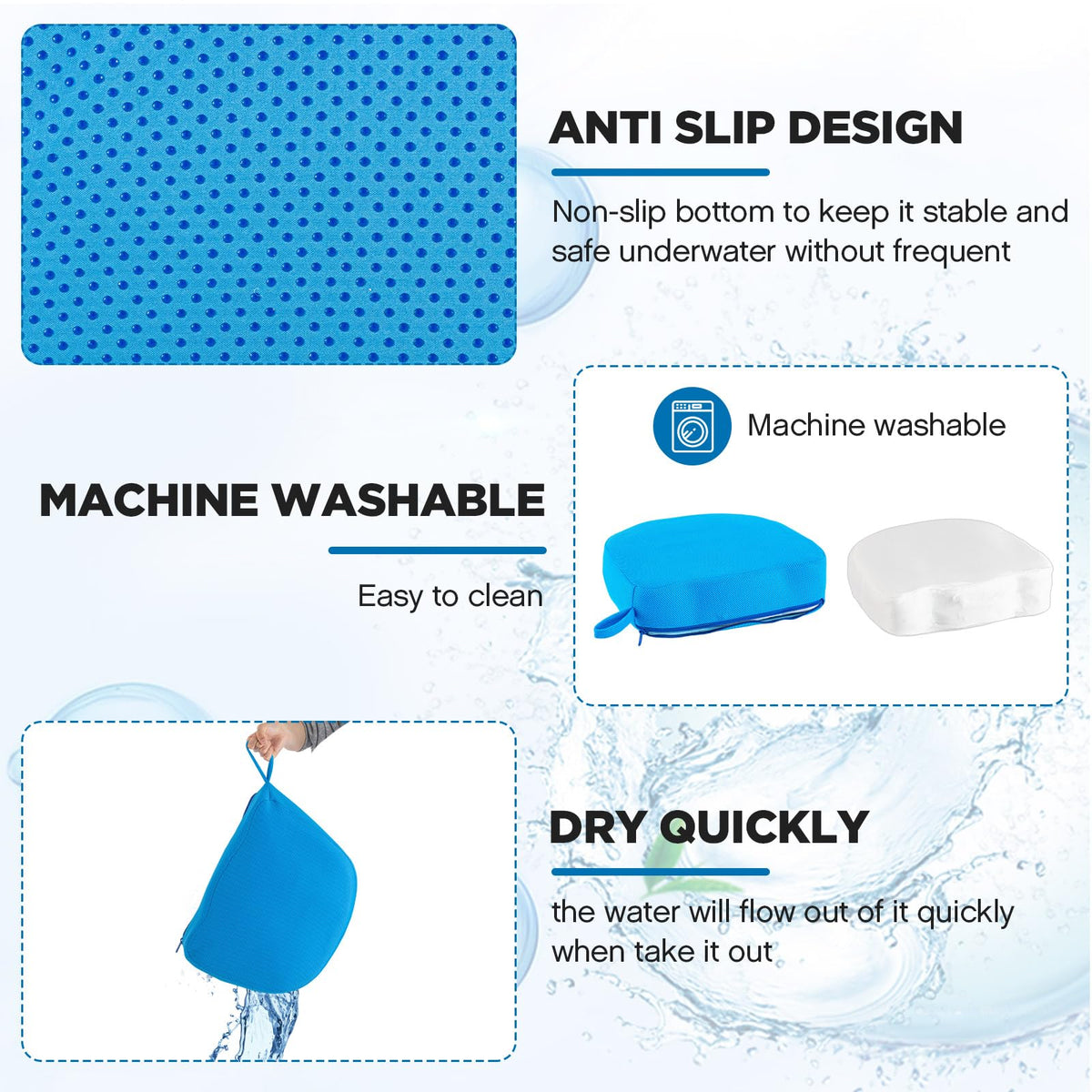 3D air mesh cover promotes breathability and rapid drying after use.