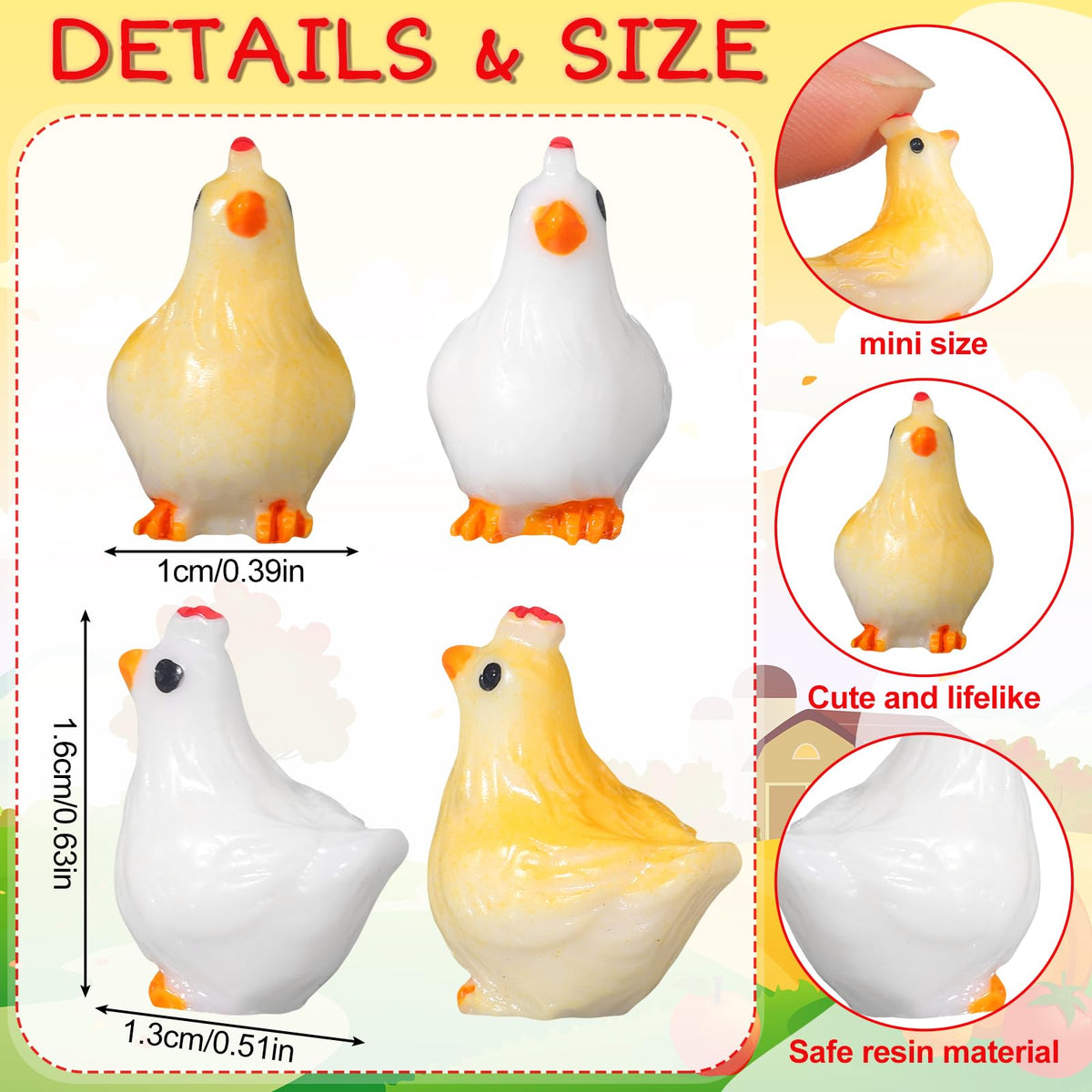 Suzile resin chicken figures for farm-themed DIY crafts.