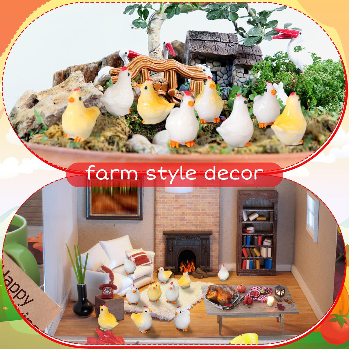 Compact Suzile chicken figures brighten desks and rooms.