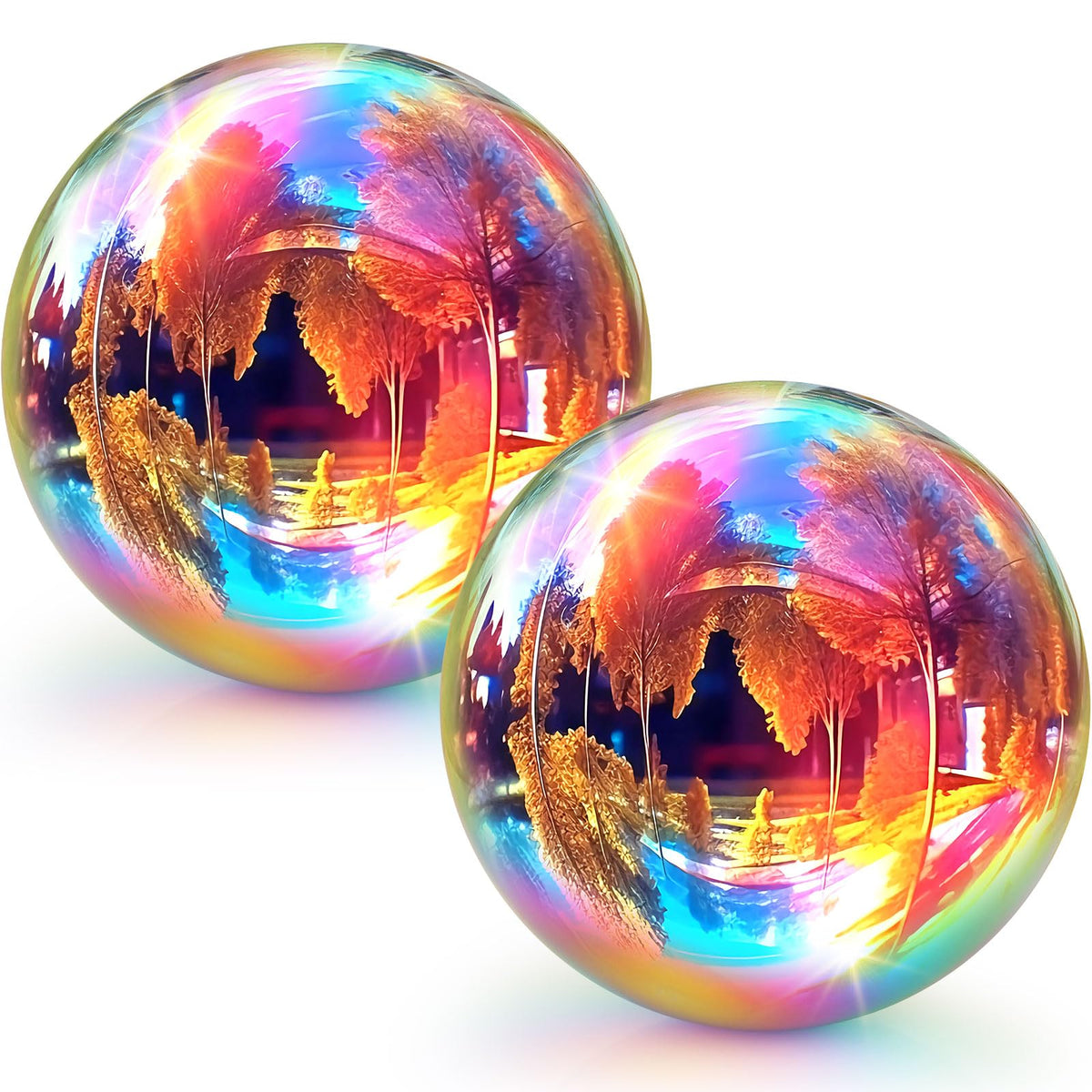 Suzile rainbow 10-inch gazing ball from the 2-pack adds a striking focal point to the garden.