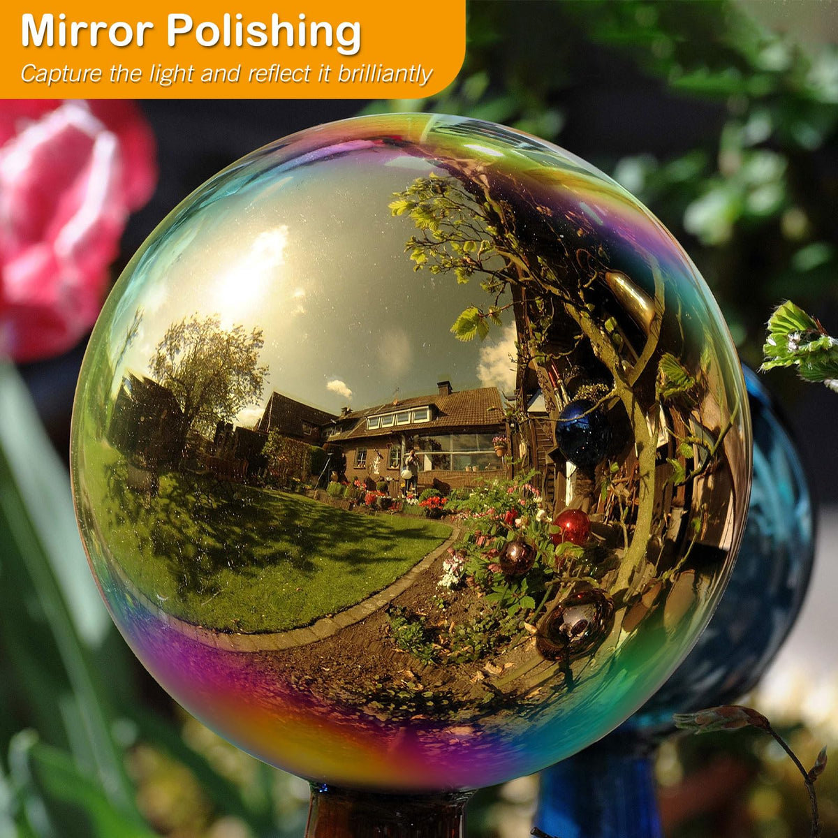 Suzile reflective sphere serves as a versatile garden ornament for ponds and patios.