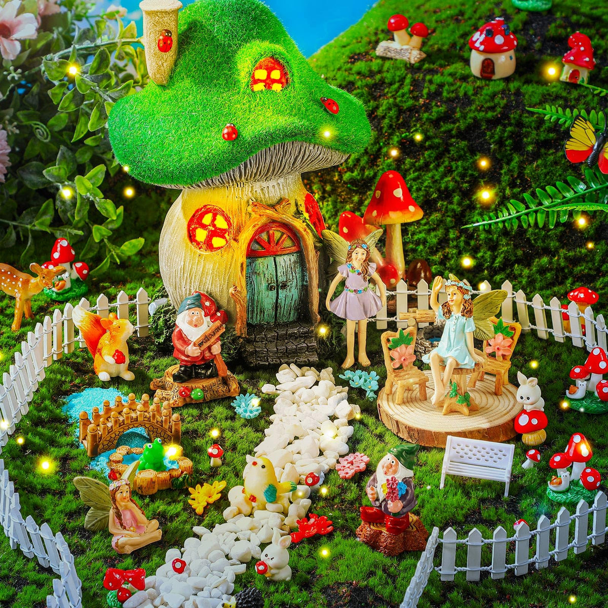 Suzile solar fairy house with mushroom kit glows at dusk, adding whimsy to outdoor spaces.
