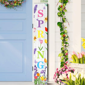 Suzile spring tulip front door sign on porch stand for welcoming guests.