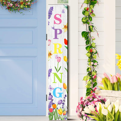 Suzile spring tulip front door sign on porch stand for welcoming guests.