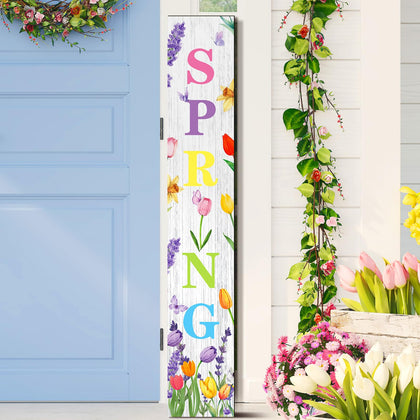Suzile spring tulip front door sign on porch stand for welcoming guests.