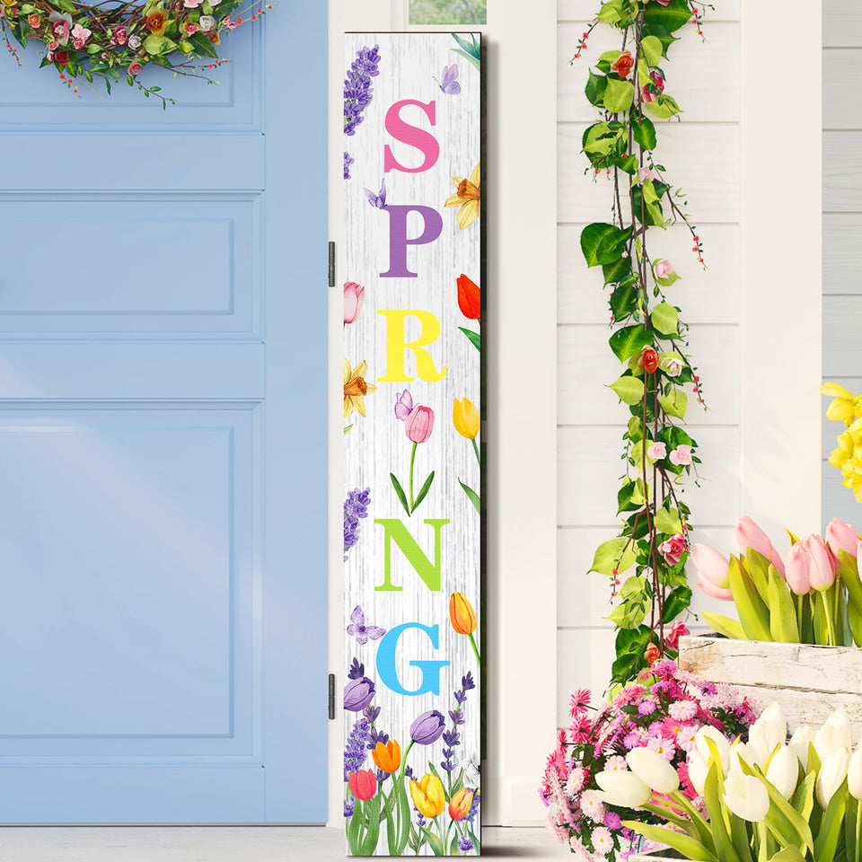 Suzile spring tulip front door sign on porch stand for welcoming guests.