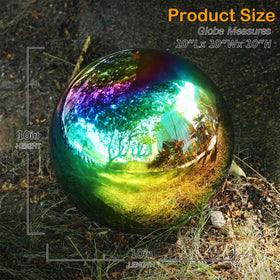Suzile stainless steel garden globe rainbow finish reflects light for dynamic outdoor ambiance.