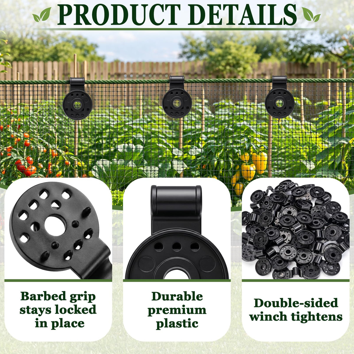 Svepndic mesh tarp clip in use securing garden netting and shade cloth.