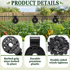 Svepndic mesh tarp clip in use securing garden netting and shade cloth.