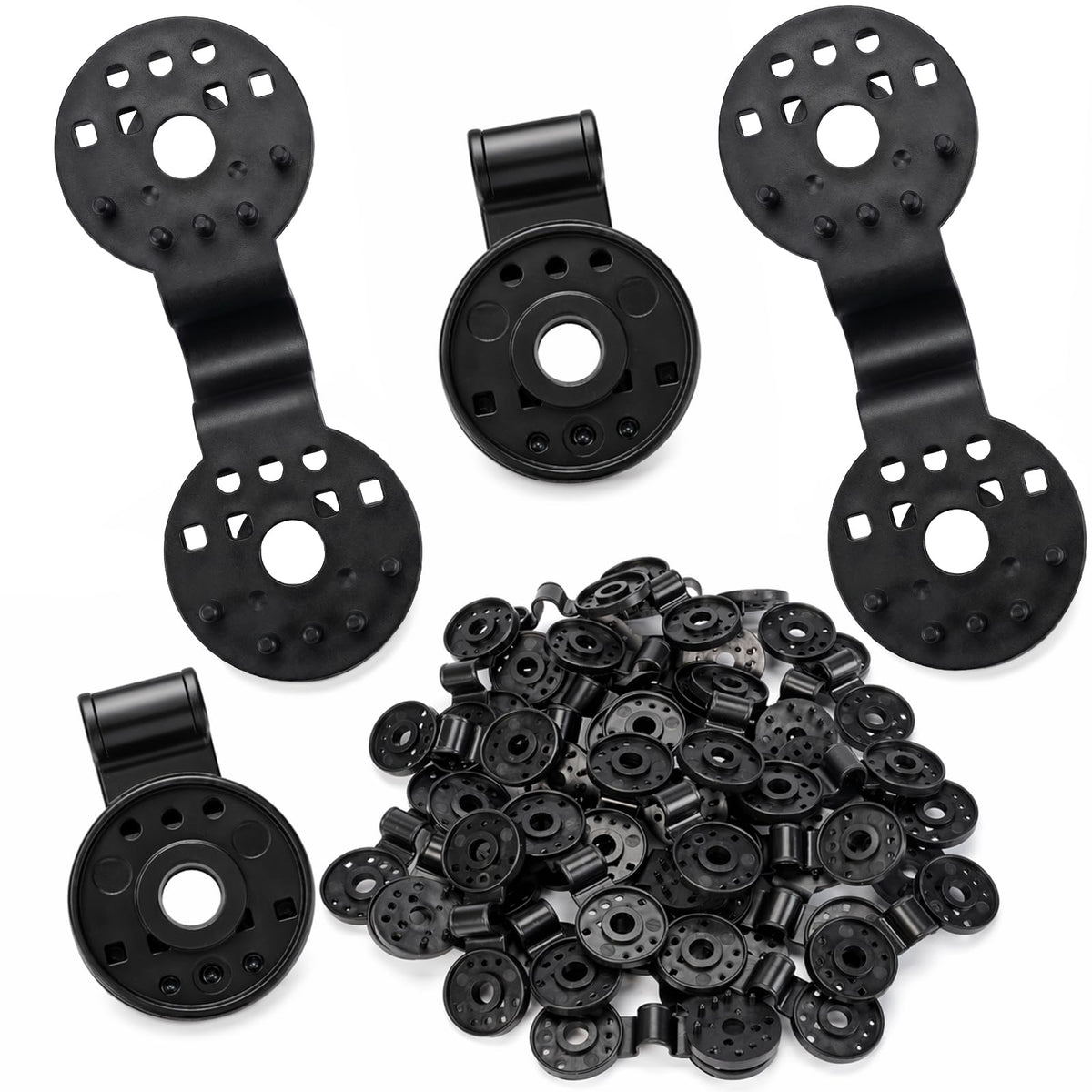 Svepndic round black clip closeup showing secure grip on mesh fabric.