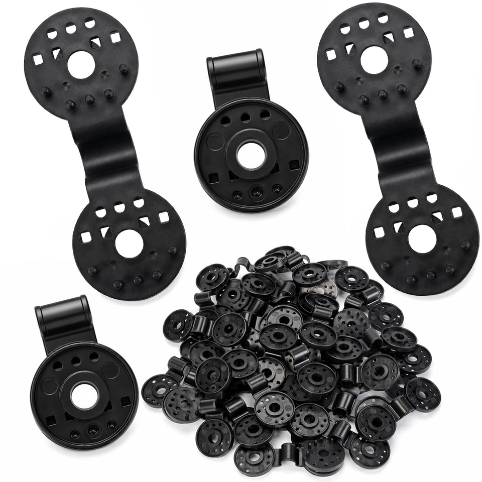 Svepndic round black clip closeup showing secure grip on mesh fabric.