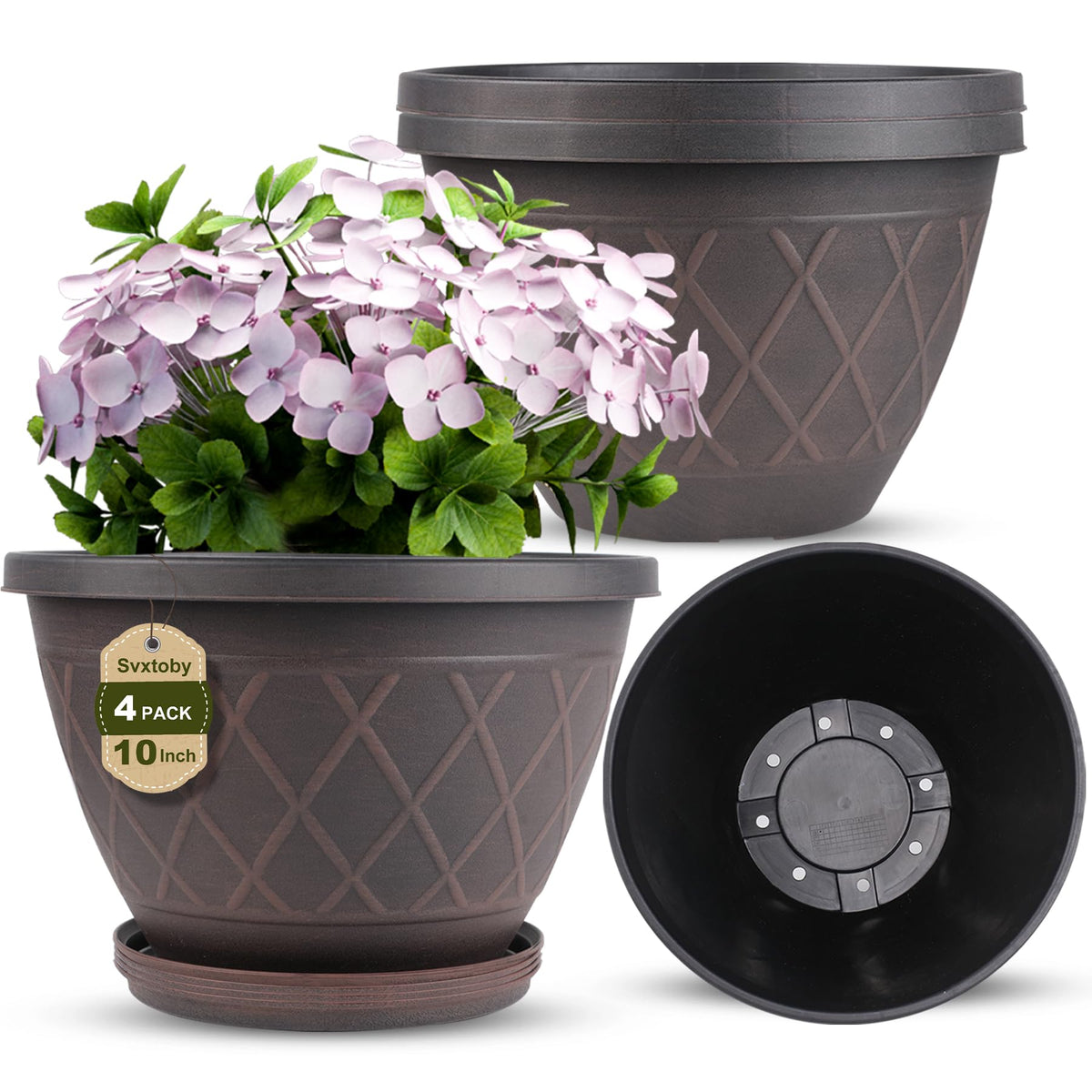 Svxtoby 10-inch diamond plaid plant pot in durable brown plastic for indoor and outdoor use.