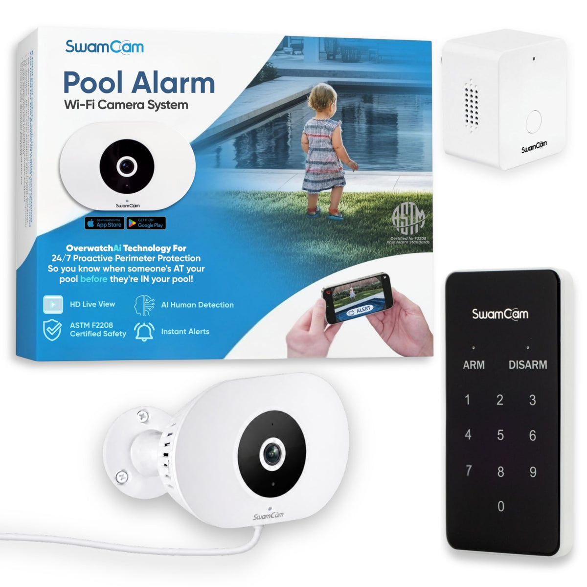 SwamCam pool alarm camera front view for real-time safety monitoring.