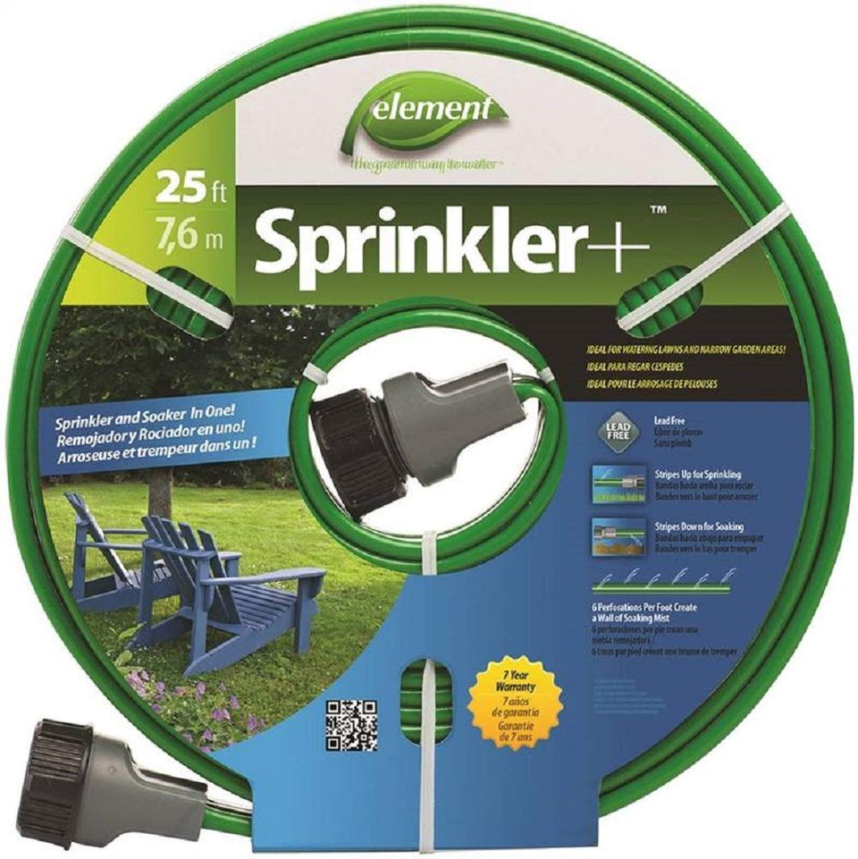 SWAN Element Sprinkler+ 25ft green hose for versatile lawn and bed watering.