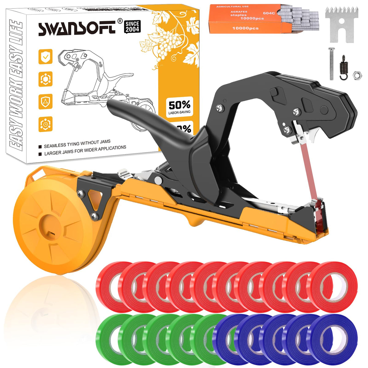 SWANSOFT plant tying machine front view showing compact design for easy handling.