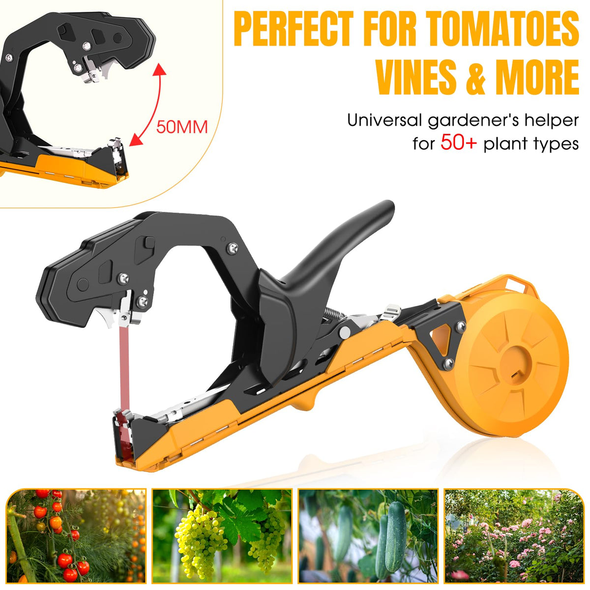 SWANSOFT plant tying machine in use on tomatoes for efficient vine support.