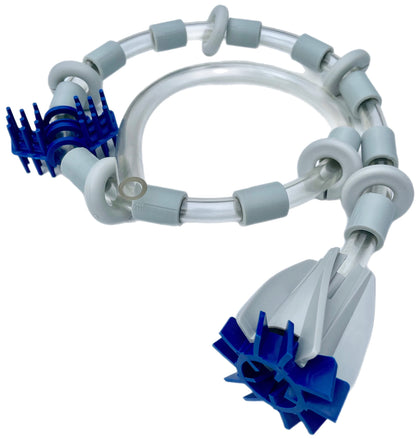 Swasher Polaris tail sweep hose in water shows spray-free performance for pool retention.