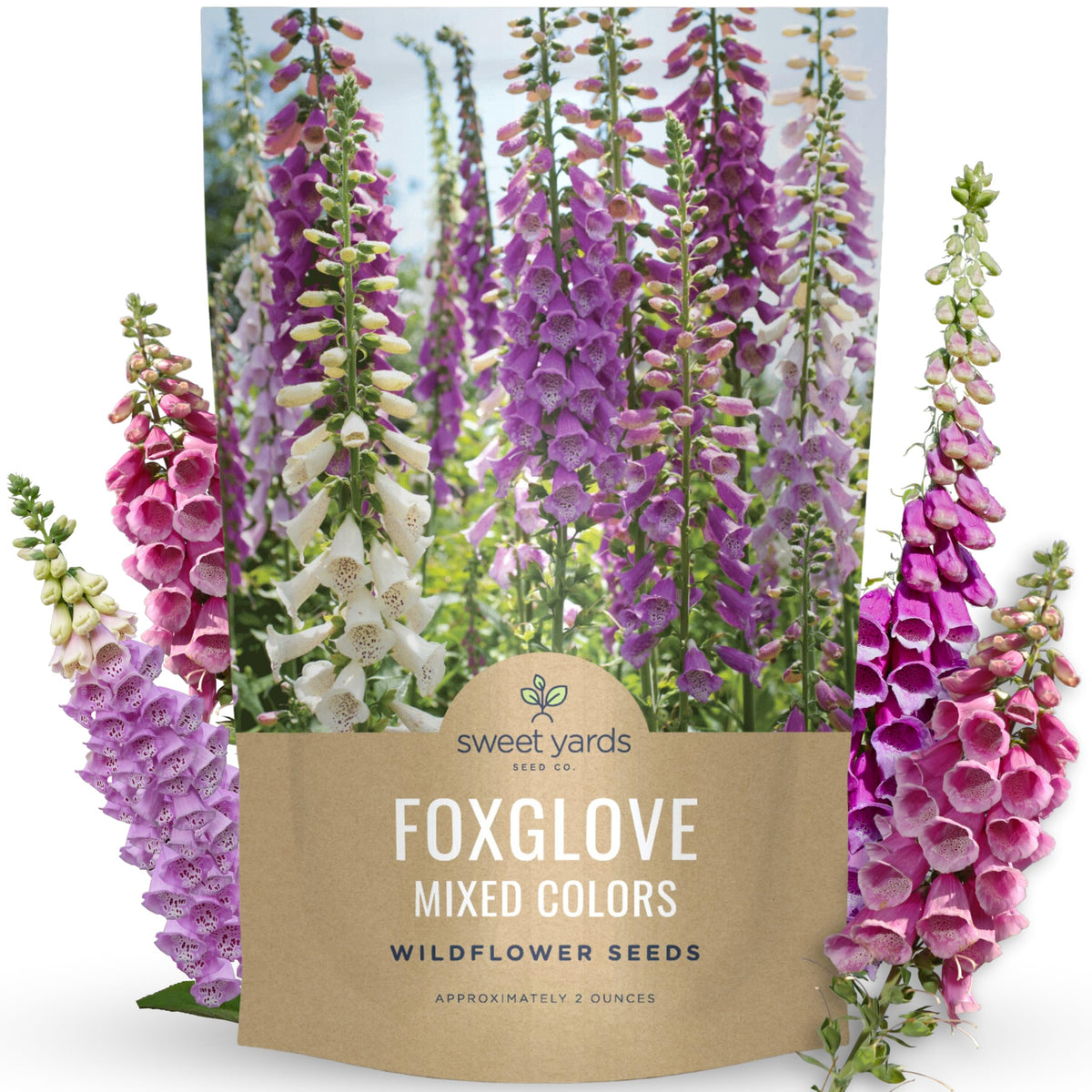 Sweet Yards Foxglove mixed colors seed pouch for tall borders attracting pollinators.