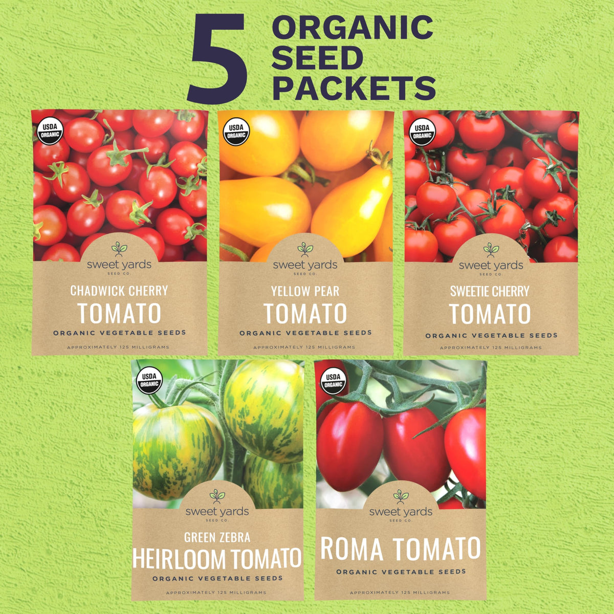 Sweet Yards Green Zebra tomato seed pack label displayed, perfect for vibrant salads at home.