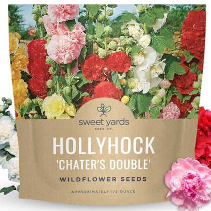 Seed packet for SWEET YARDS Hollyhock Chater's Double Mix ready to sow.