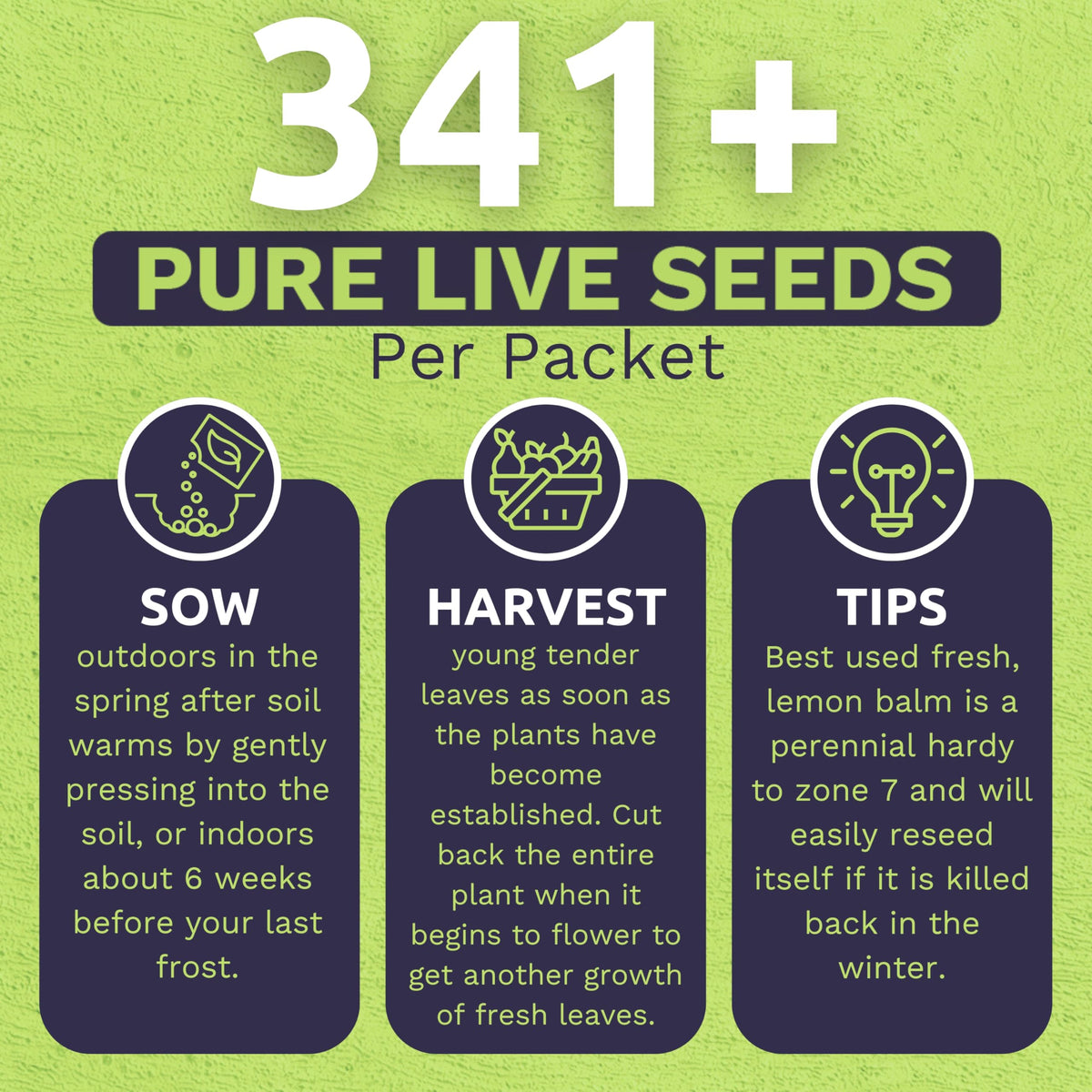 Sweet Yards Lemon Balm seed instructions panel for simple sowing at home