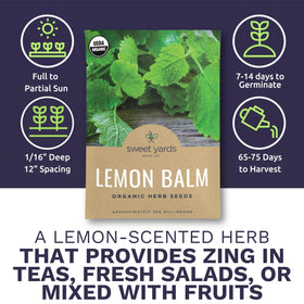 Sweet Yards Lemon Balm seed pack back with planting guidance for reliable germination