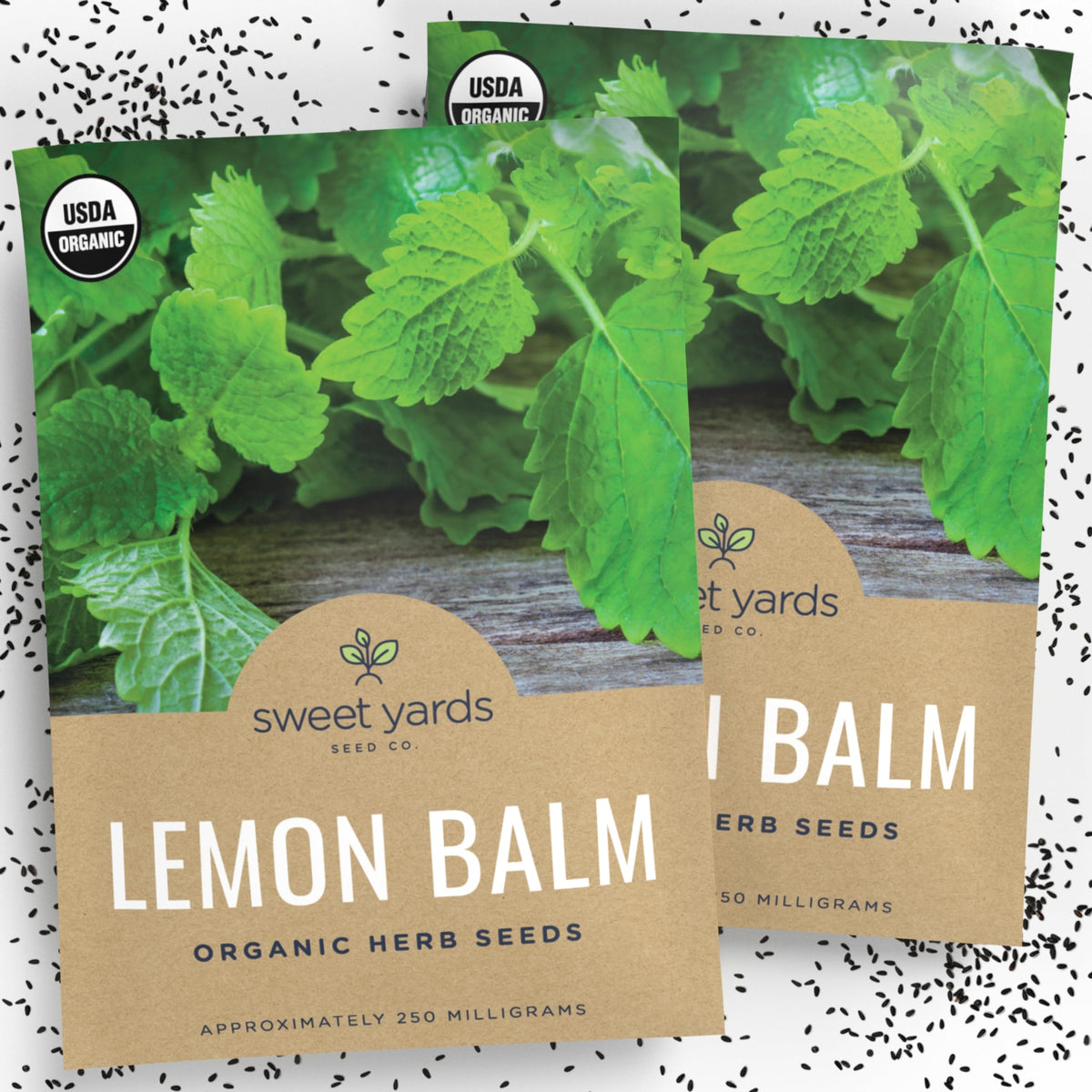 Sweet Yards Lemon Balm seed pack front view showing fresh organic seeds for flavorful herbs