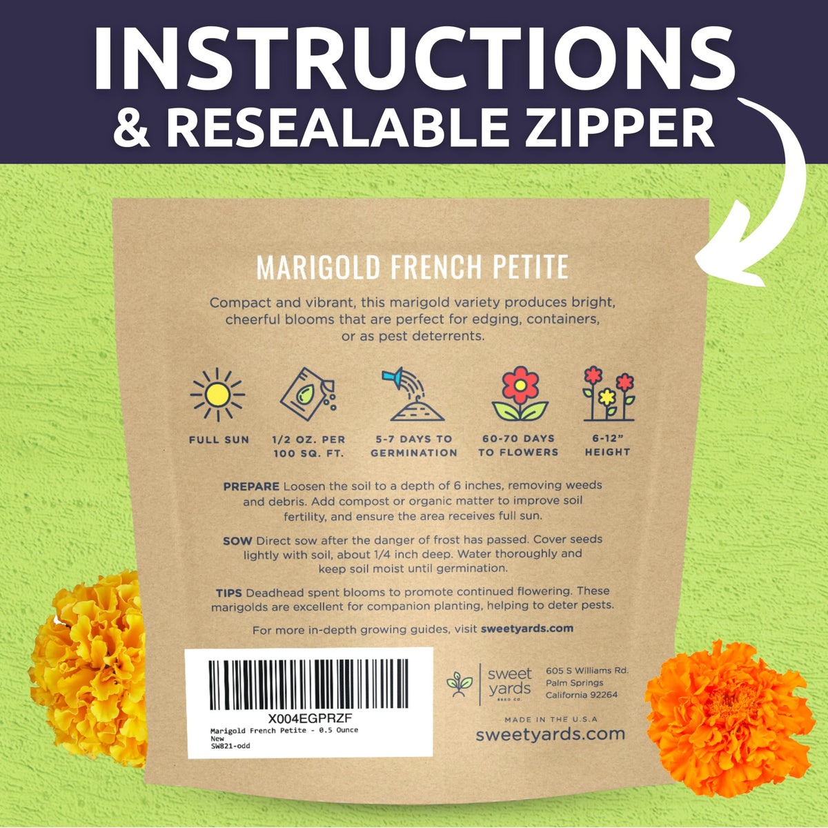 Sweet Yards Marigold French Petite container planting for balcony or patio