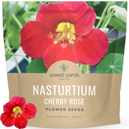 Sweet Yards Nasturtium Cherry Rose seed packet with 200 live seeds for planting
