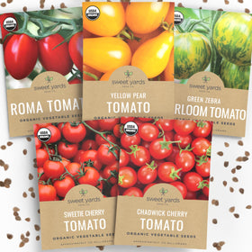 Sweet Yards organic cherry tomato seed pack front view, ideal for indoor or outdoor home gardening.